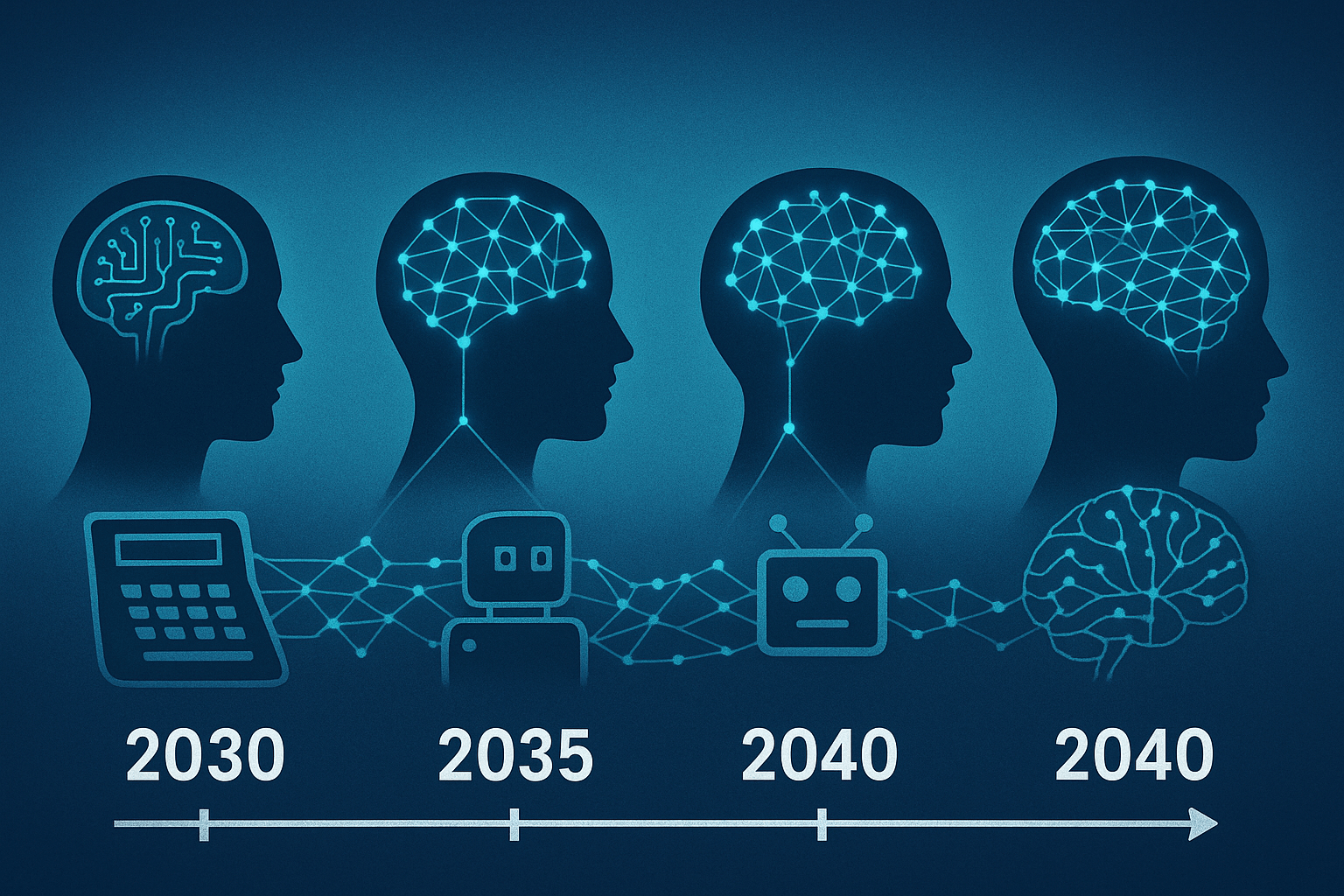 Timeline 2030–2040 — machines learn to think like us